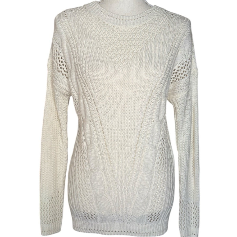 Full Circle Trends Cream Cable Knit Fisherman Sweater Sz S Crochet Open Weave